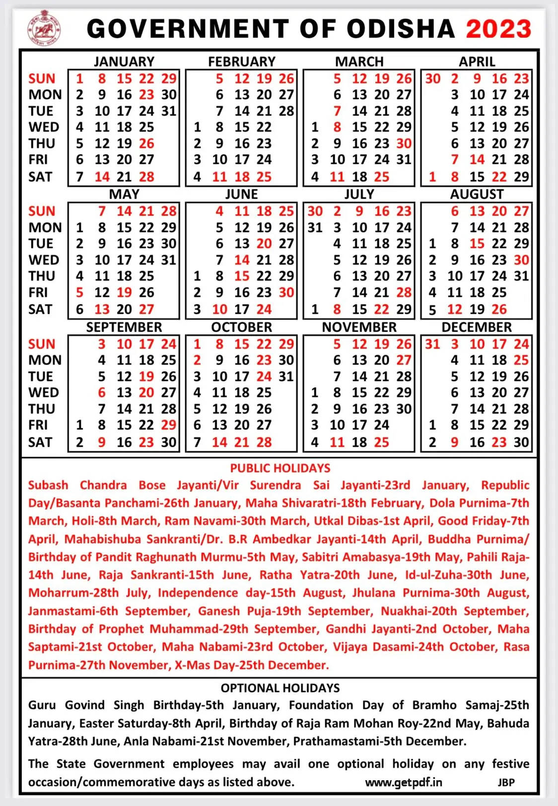 Odisha Government Calendar 2023 PDF Download